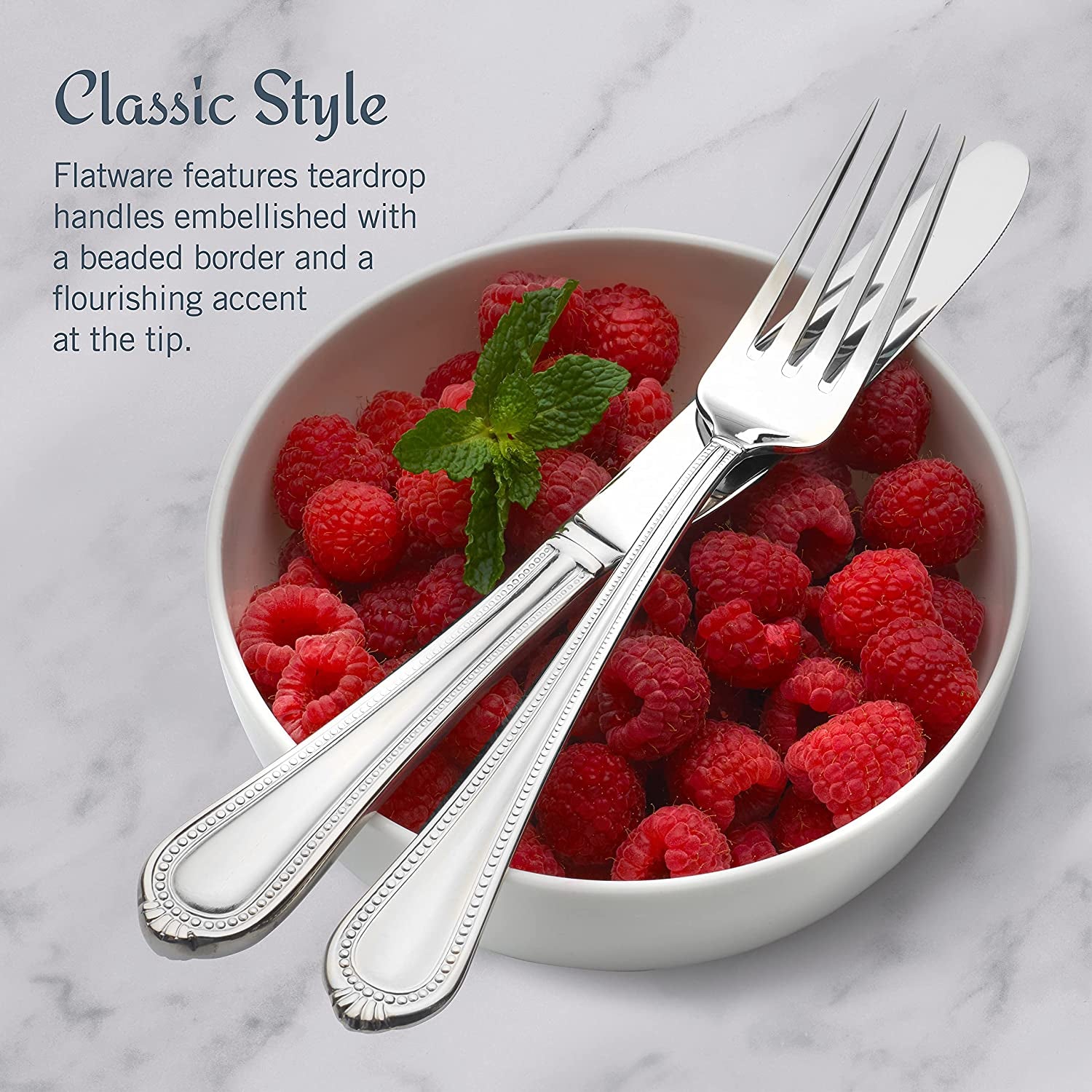 Regent Bead 65 Piece Silverware Set, 18.10 Polished Mirror Stainless Steel, Service for 12 with Serving Set