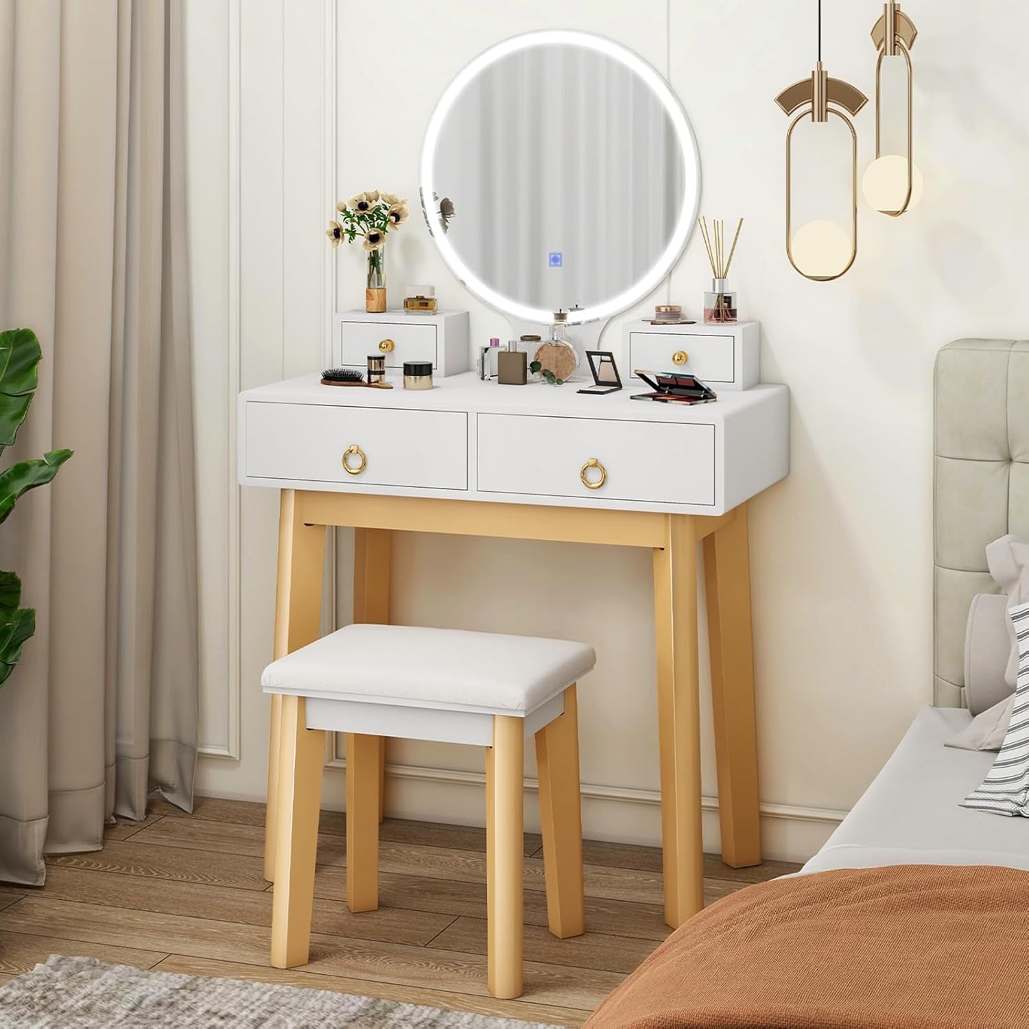 Vanity Set with Touch Screen Dimming Mirror, 3 Color Lighting Modes, Dressing Table with 4 Sliding Drawers, Modern Bedroom Makeup Table and Cushioned Stool Set for Women Girls (White)