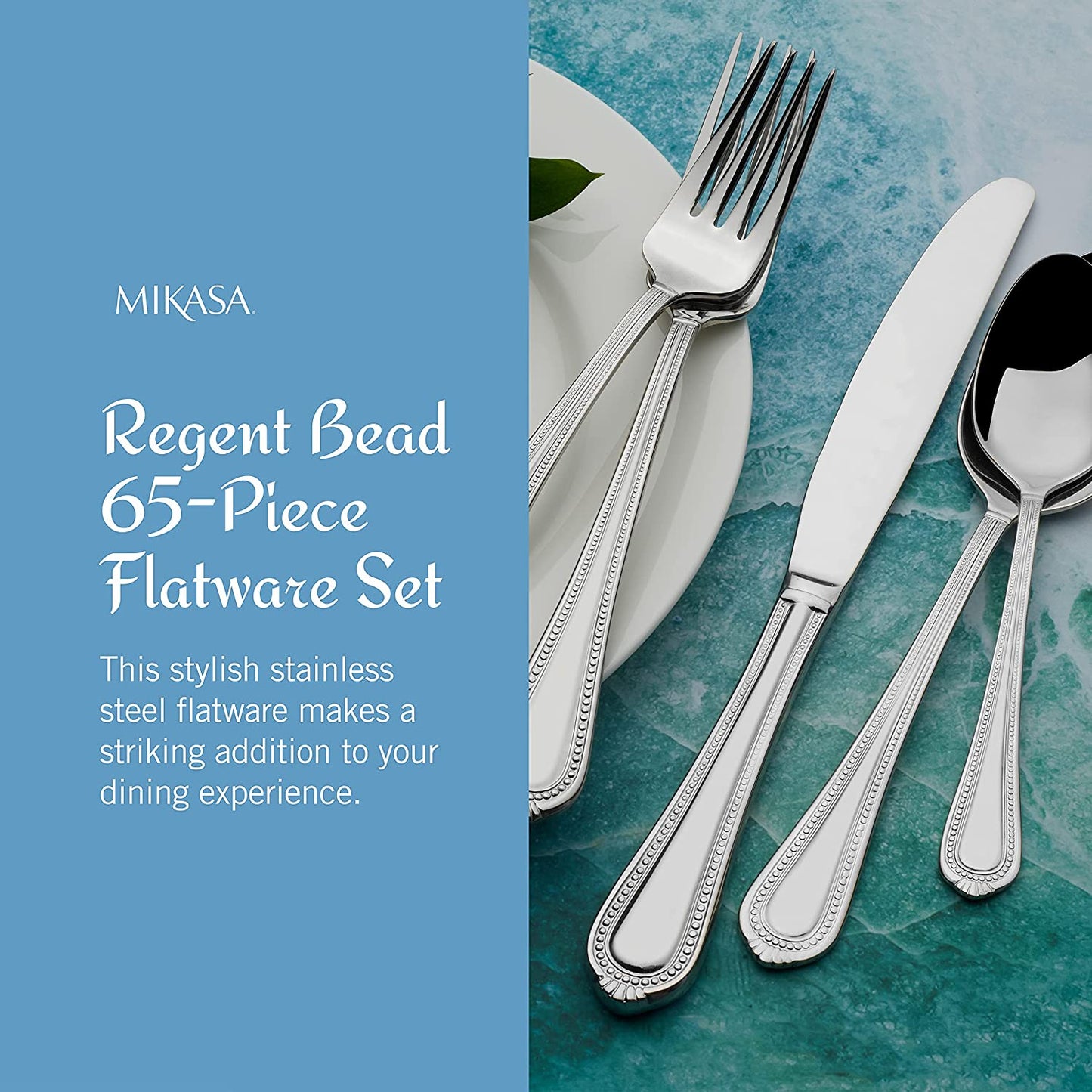Regent Bead 65 Piece Silverware Set, 18.10 Polished Mirror Stainless Steel, Service for 12 with Serving Set