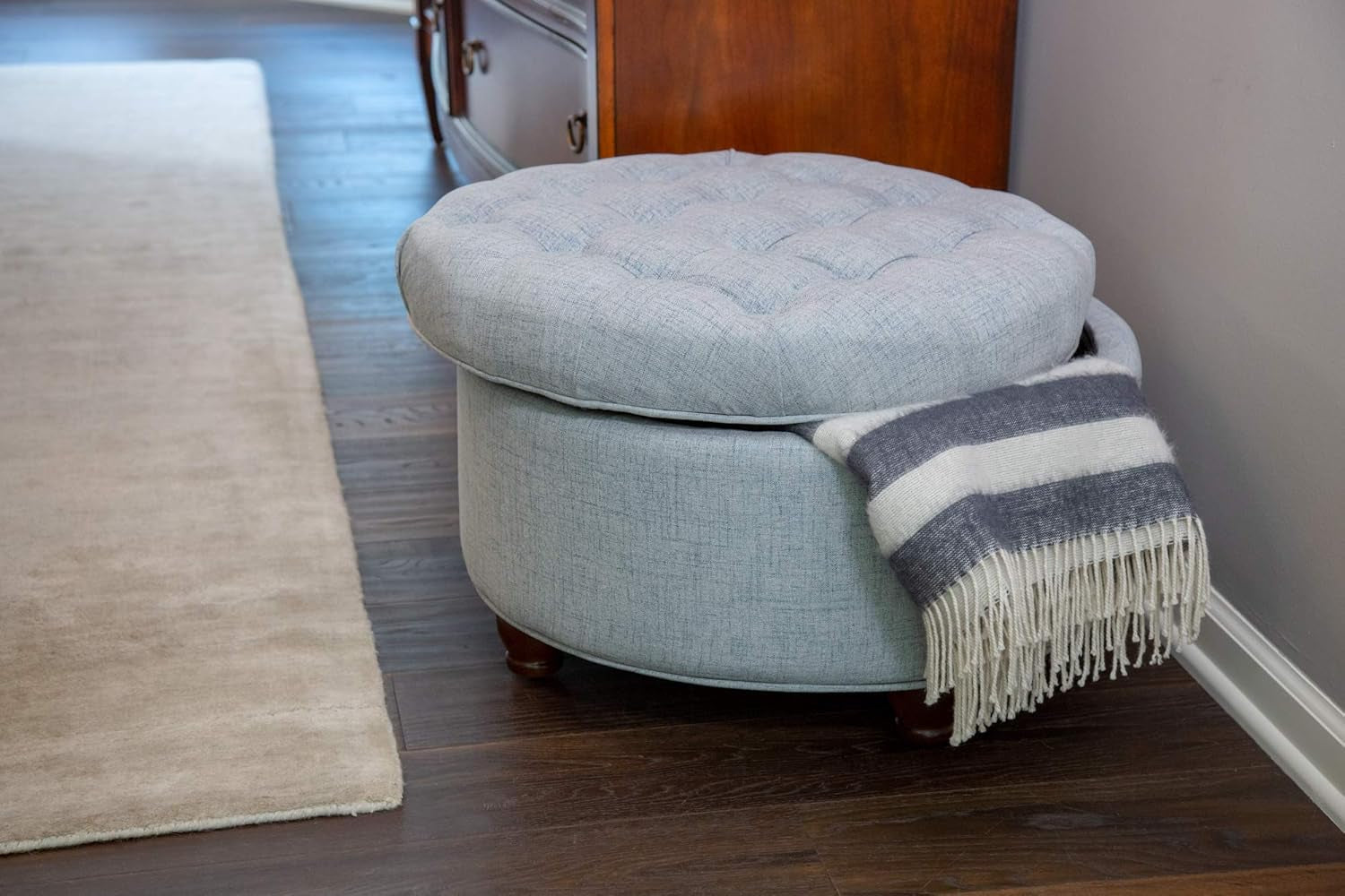 Home Decor | Button Tufted Woven round Storage Ottoman | Ottoman with Storage for Living Room & Bedroom (Light Blue)