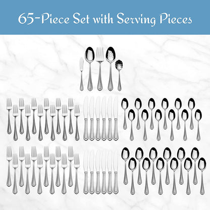 Regent Bead 65 Piece Silverware Set, 18.10 Polished Mirror Stainless Steel, Service for 12 with Serving Set