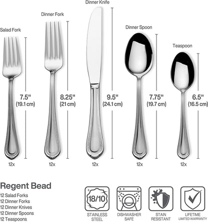 Regent Bead 65 Piece Silverware Set, 18.10 Polished Mirror Stainless Steel, Service for 12 with Serving Set