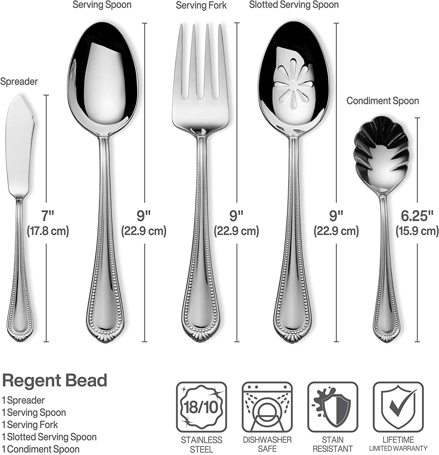 Regent Bead 65 Piece Silverware Set, 18.10 Polished Mirror Stainless Steel, Service for 12 with Serving Set