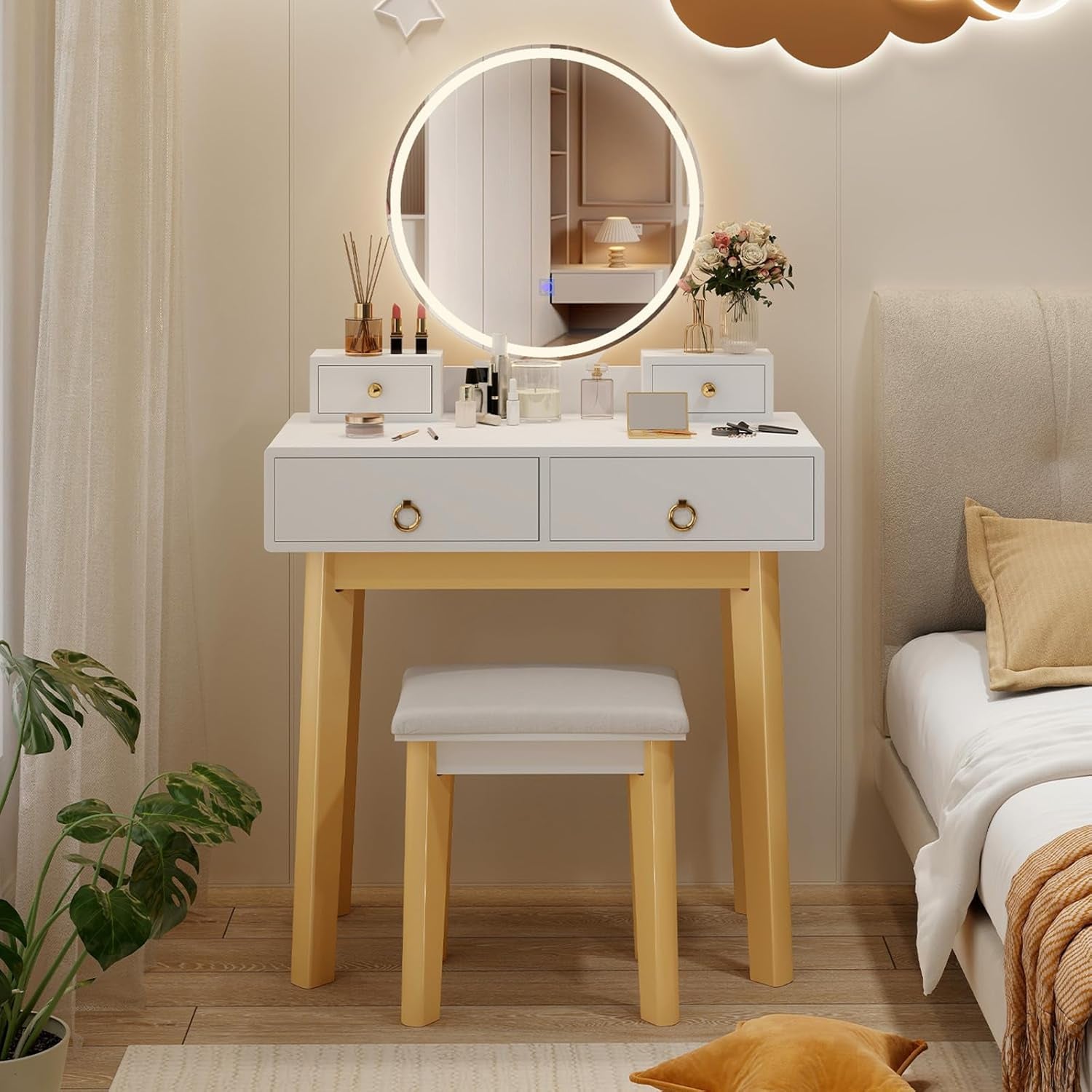 Vanity Set with Touch Screen Dimming Mirror, 3 Color Lighting Modes, Dressing Table with 4 Sliding Drawers, Modern Bedroom Makeup Table and Cushioned Stool Set for Women Girls (White)