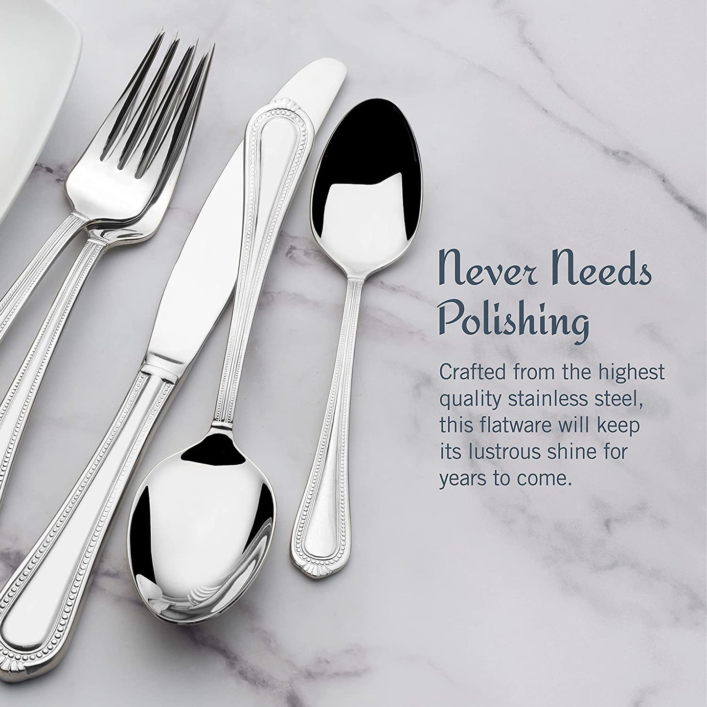 Regent Bead 65 Piece Silverware Set, 18.10 Polished Mirror Stainless Steel, Service for 12 with Serving Set