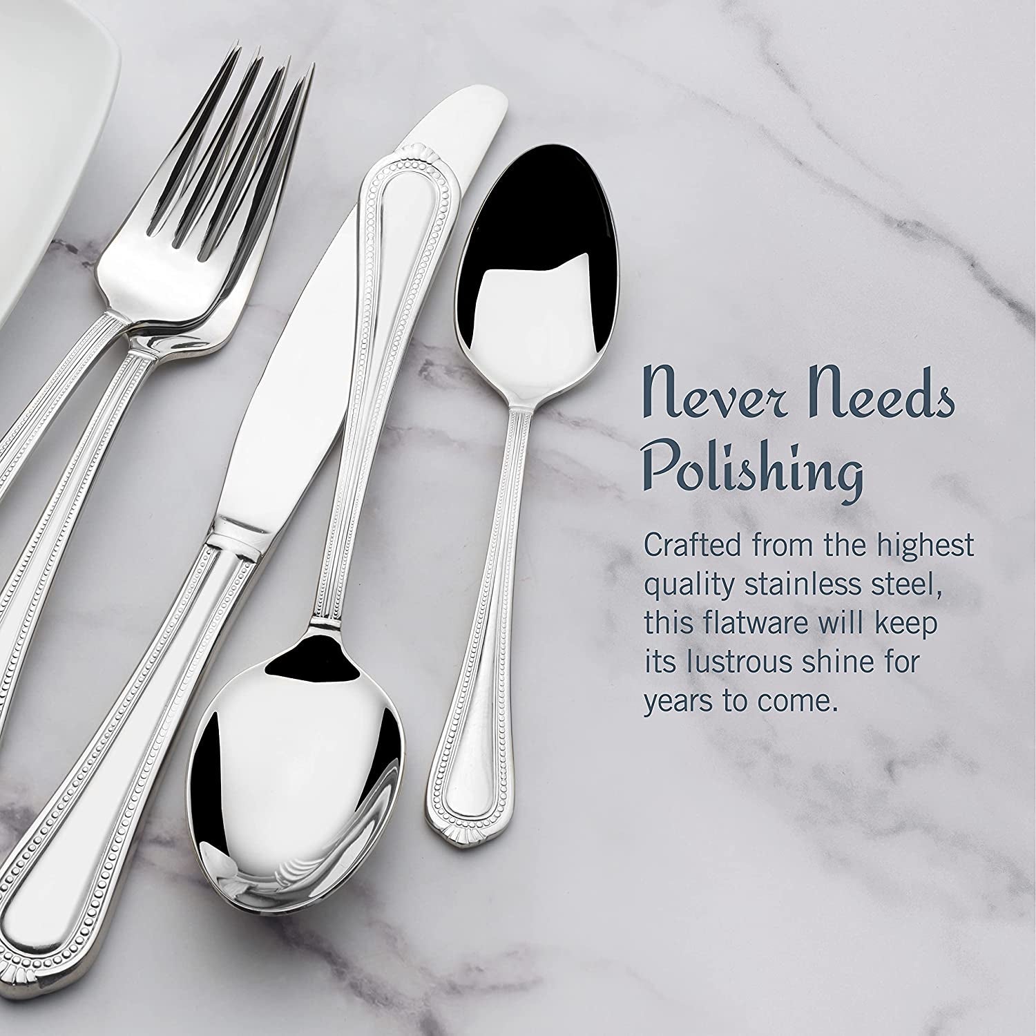 Regent Bead 65 Piece Silverware Set, 18.10 Polished Mirror Stainless Steel, Service for 12 with Serving Set