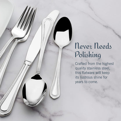 Regent Bead 65 Piece Silverware Set, 18.10 Polished Mirror Stainless Steel, Service for 12 with Serving Set